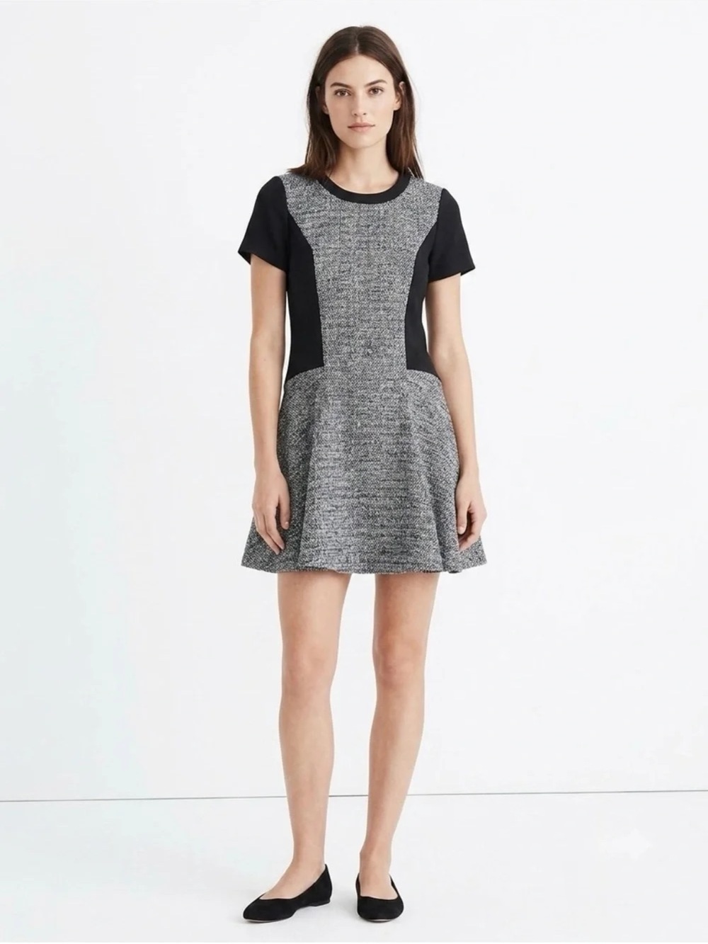 Madewell Size 6 Textured Tribune Dress Black Gray Tweed Short Sleeve Flare